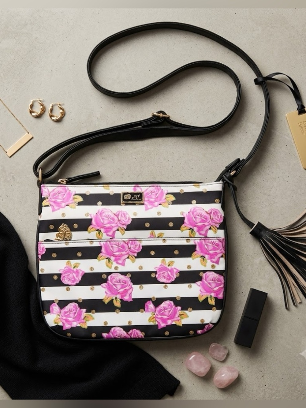 Luv Betsey by Betsey Johnson Black Stripes Roses Gold Dots Crossbody Bag